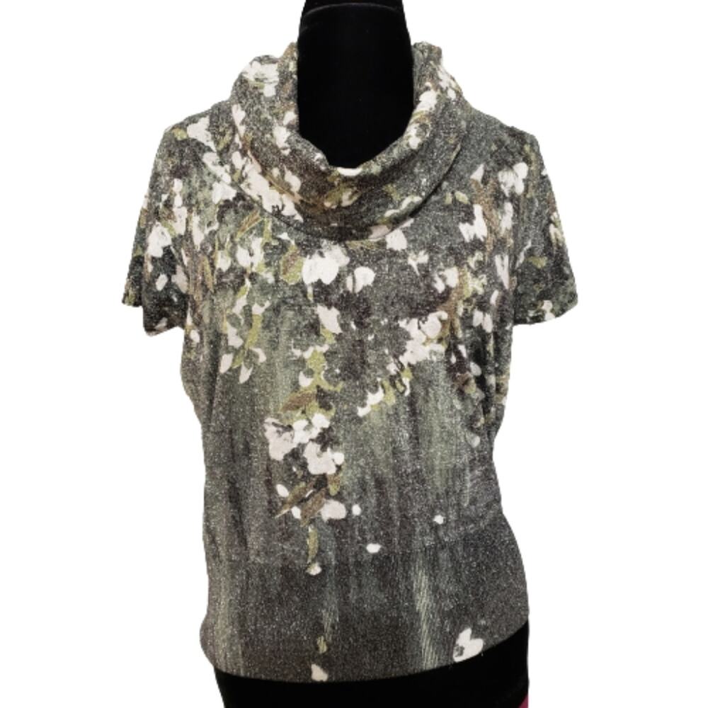 Chelsea & Theodore Floral Metallic Knit Short Sleeve Cowl Neck Sweater Large